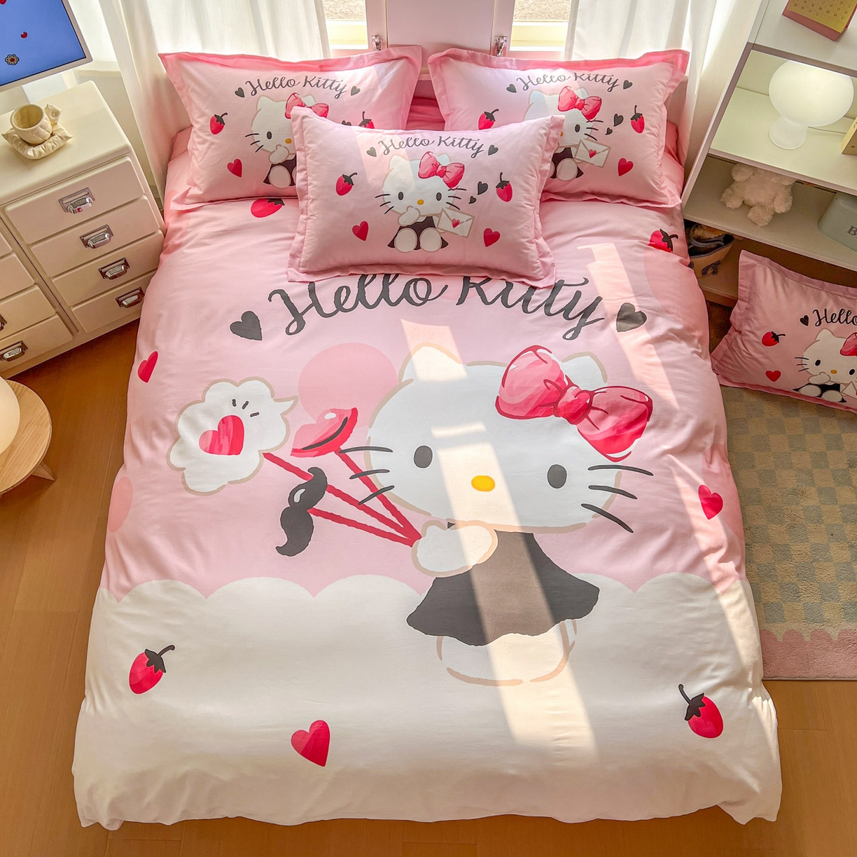 91家纺网 家纺一手货源 找家纺 浩诚 2026新款专版三丽鸥hellokitty库洛米正版授权大版全棉纯棉四件套 草莓KT