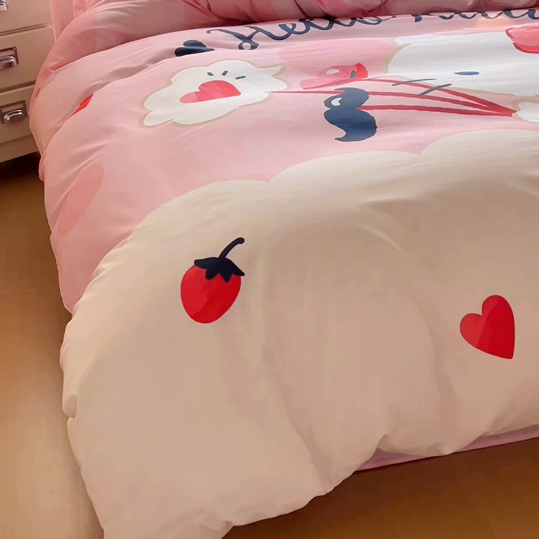 91家纺网 家纺一手货源 找家纺 浩诚 2026新款专版三丽鸥hellokitty库洛米正版授权大版全棉纯棉四件套 草莓KT