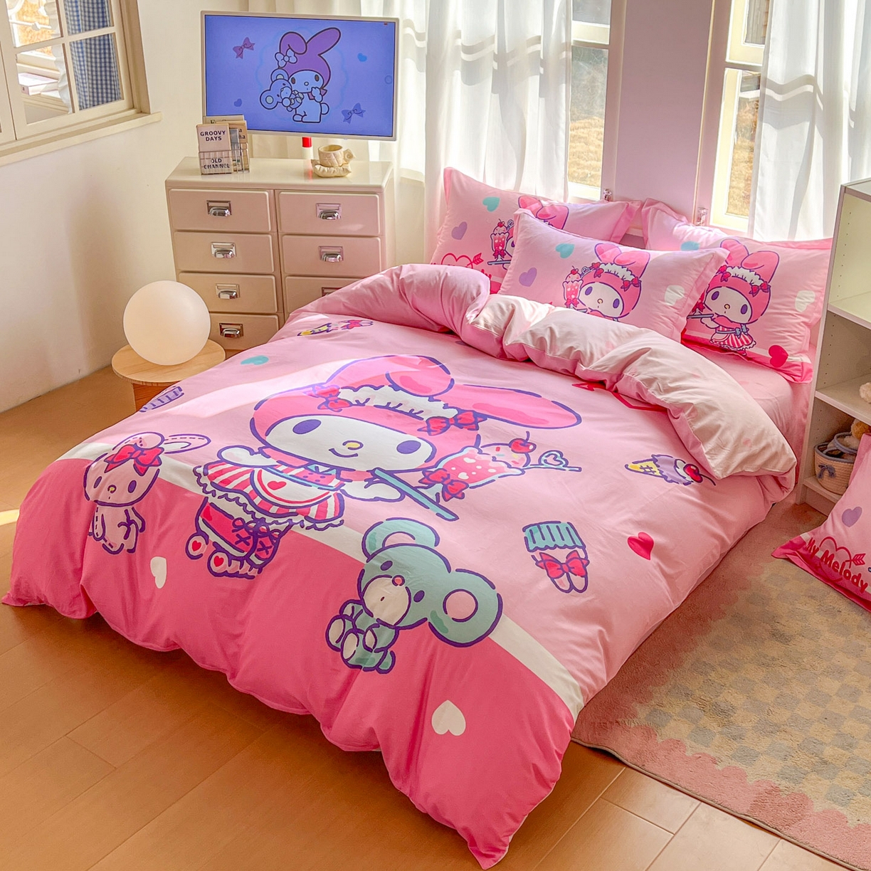 91家纺网 家纺一手货源 找家纺 浩诚 2026新款专版三丽鸥hellokitty库洛米正版授权大版全棉纯棉四件套 打工美乐蒂