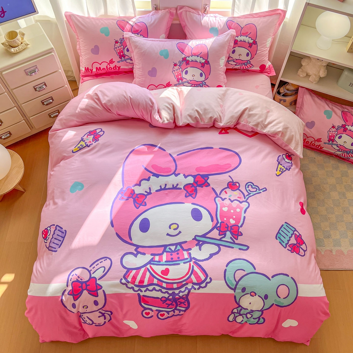 91家纺网 家纺一手货源 找家纺 浩诚 2026新款专版三丽鸥hellokitty库洛米正版授权大版全棉纯棉四件套 打工美乐蒂