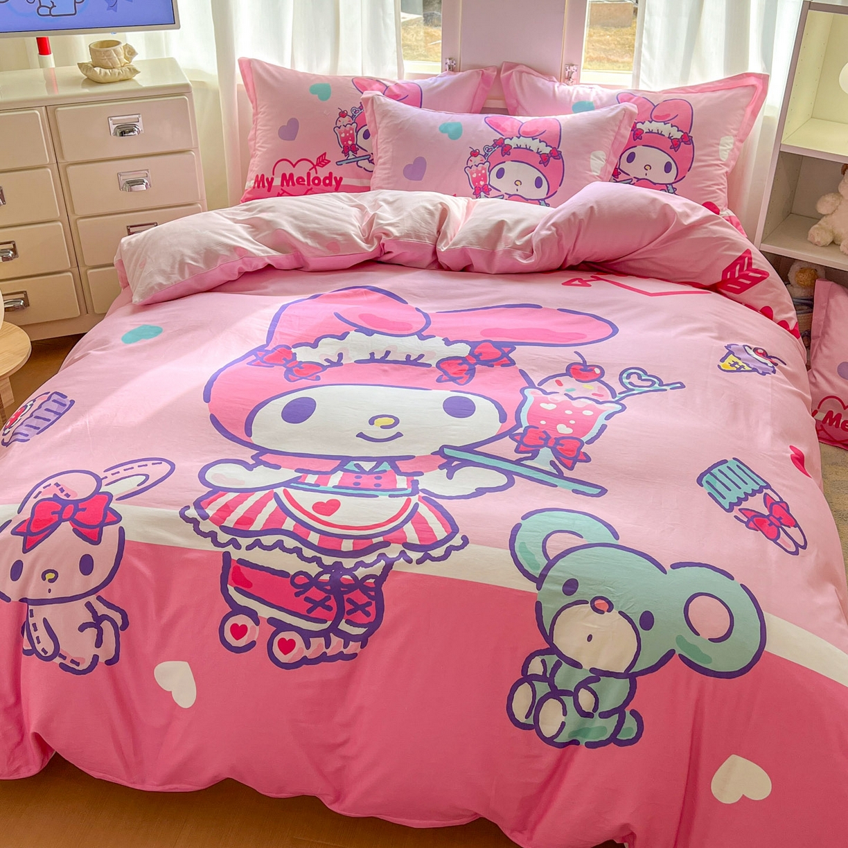 91家纺网 家纺一手货源 找家纺 浩诚 2026新款专版三丽鸥hellokitty库洛米正版授权大版全棉纯棉四件套 打工美乐蒂