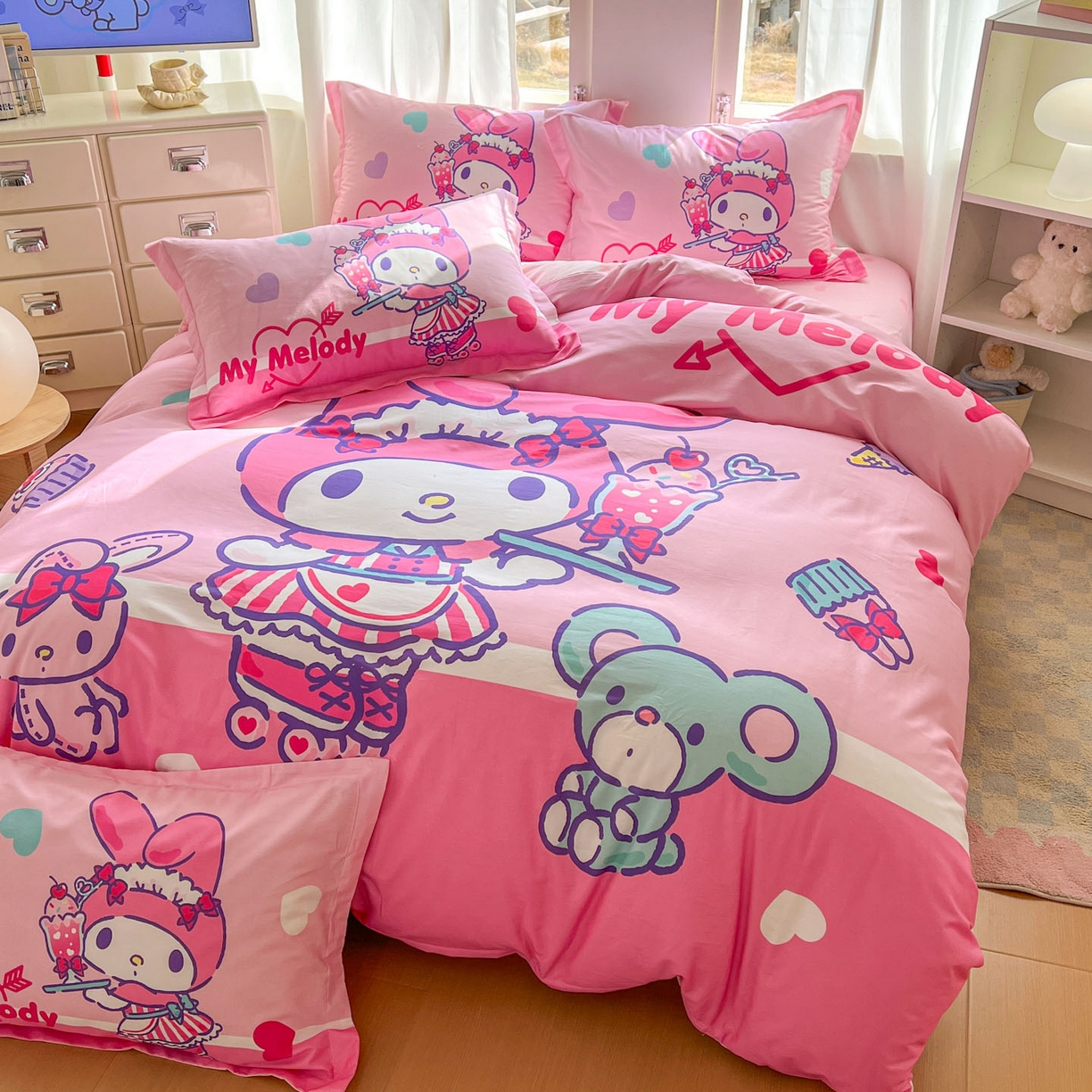 91家纺网 家纺一手货源 找家纺 浩诚 2026新款专版三丽鸥hellokitty库洛米正版授权大版全棉纯棉四件套 打工美乐蒂