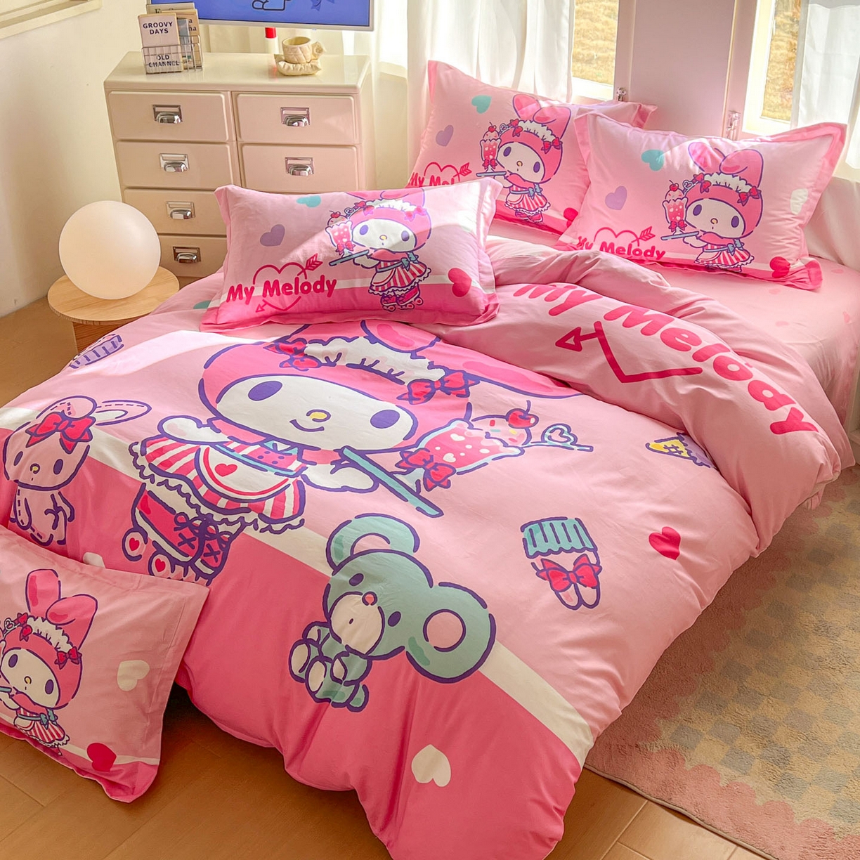 91家纺网 家纺一手货源 找家纺 浩诚 2026新款专版三丽鸥hellokitty库洛米正版授权大版全棉纯棉四件套 打工美乐蒂