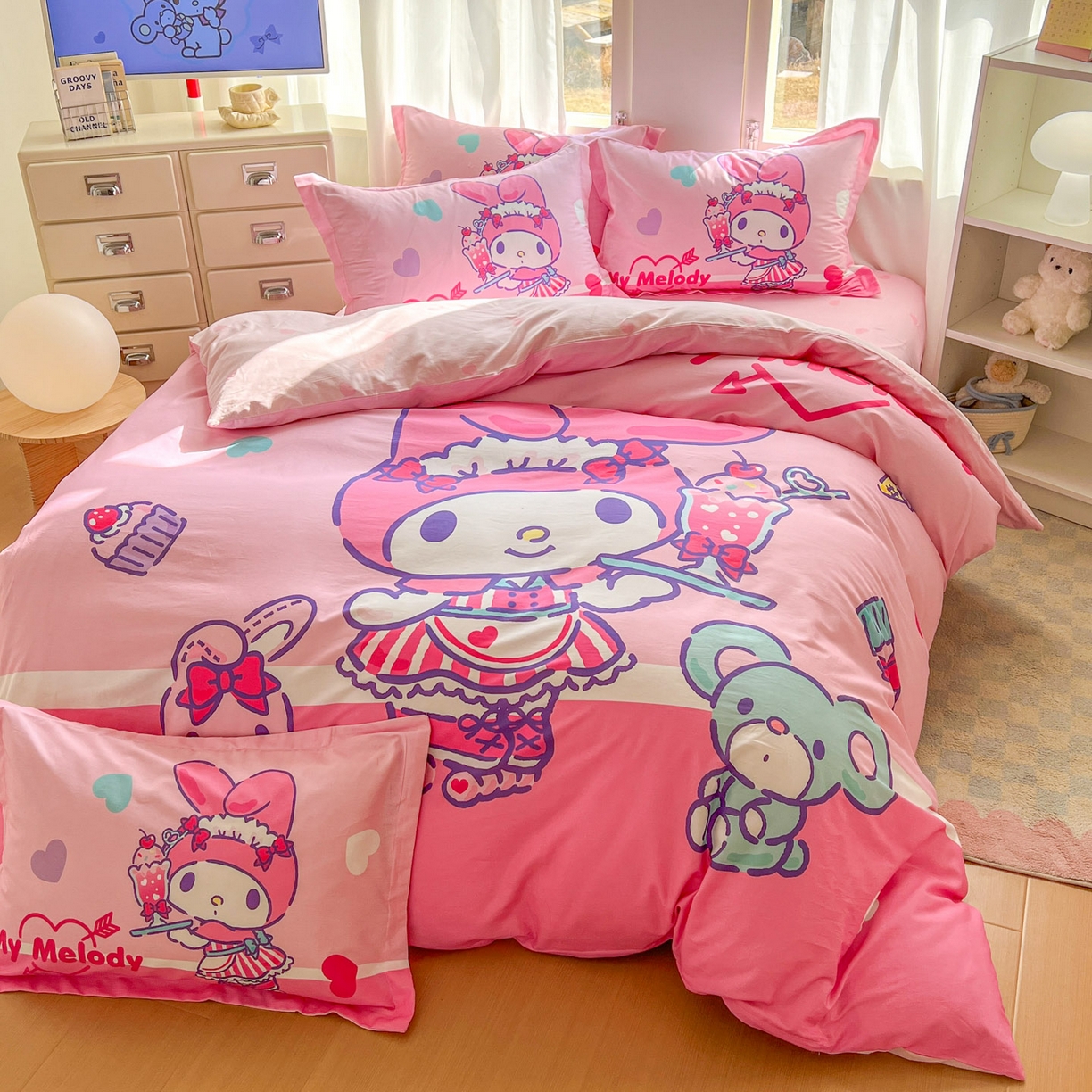 91家纺网 家纺一手货源 找家纺 浩诚 2026新款专版三丽鸥hellokitty库洛米正版授权大版全棉纯棉四件套 打工美乐蒂