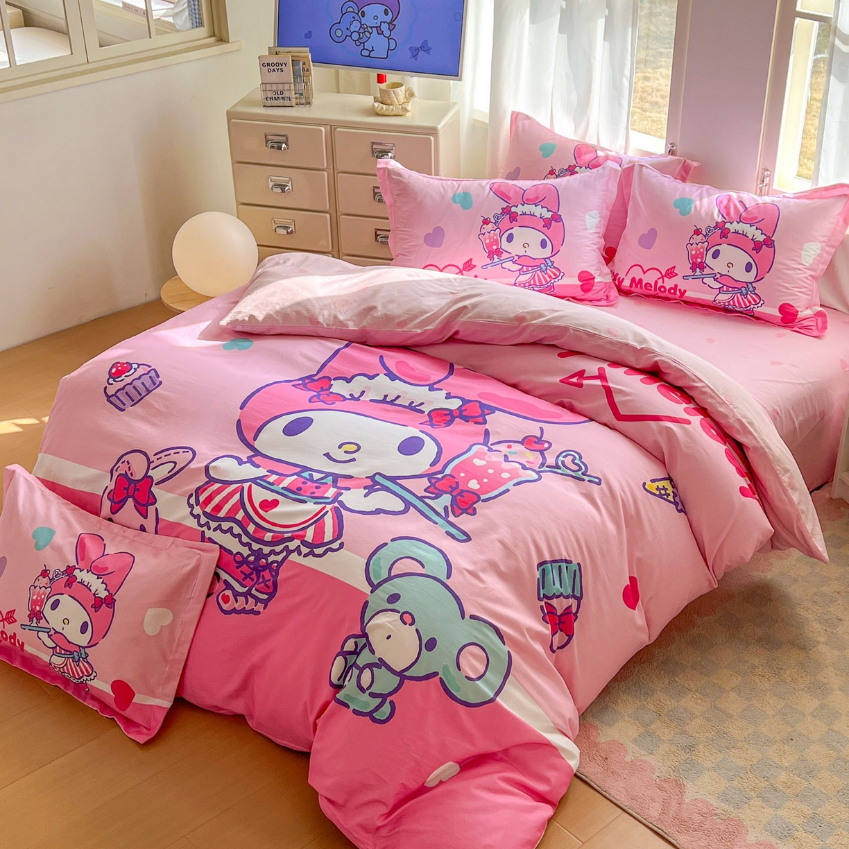 91家纺网 家纺一手货源 找家纺 浩诚 2026新款专版三丽鸥hellokitty库洛米正版授权大版全棉纯棉四件套 打工美乐蒂