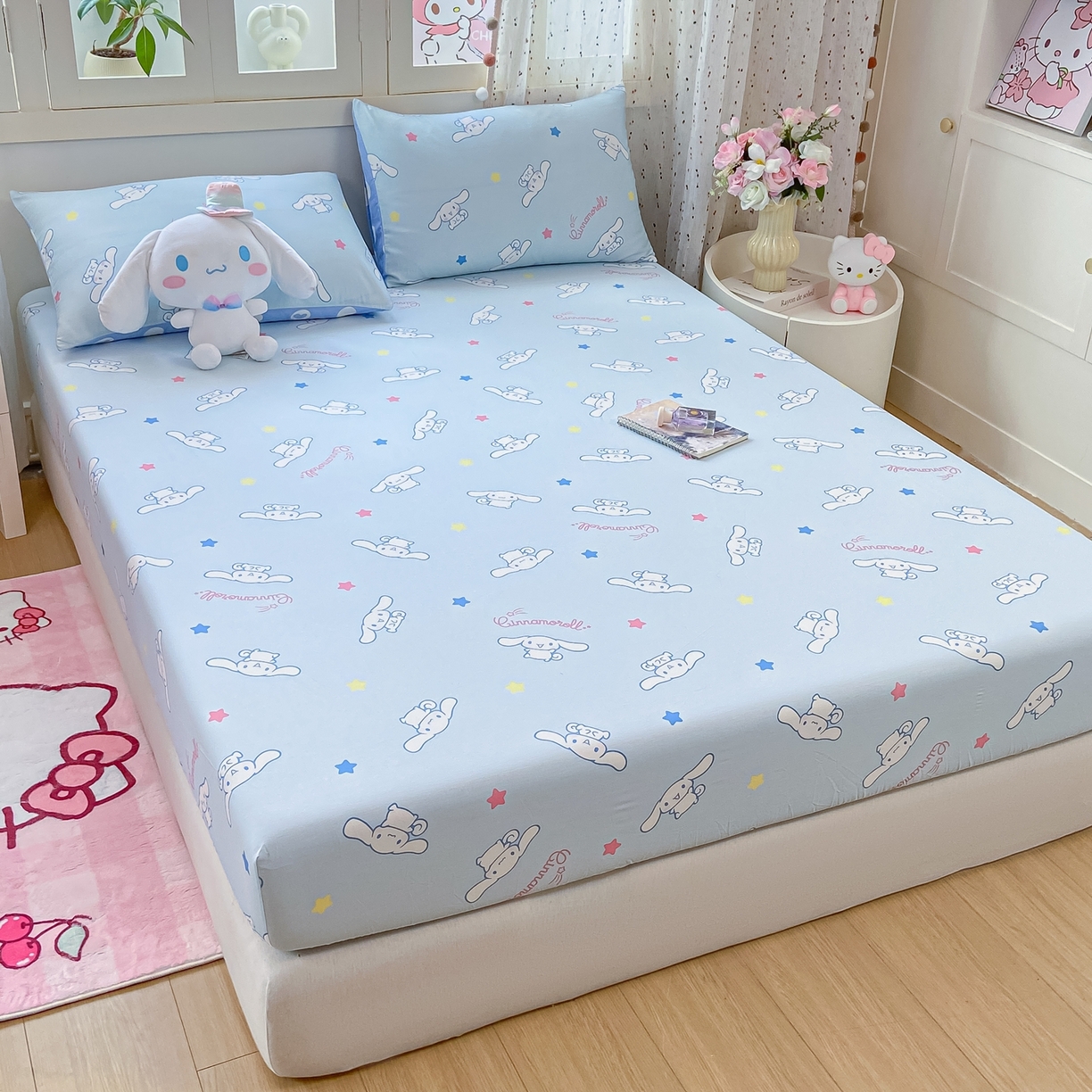 91家纺网 家纺一手货源 找家纺 博雅 2026新款三丽鸥全棉小版印花床笠 满版玉桂狗