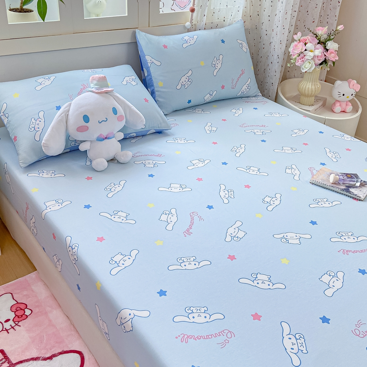 91家纺网 家纺一手货源 找家纺 博雅 2026新款三丽鸥全棉小版印花床笠 满版玉桂狗