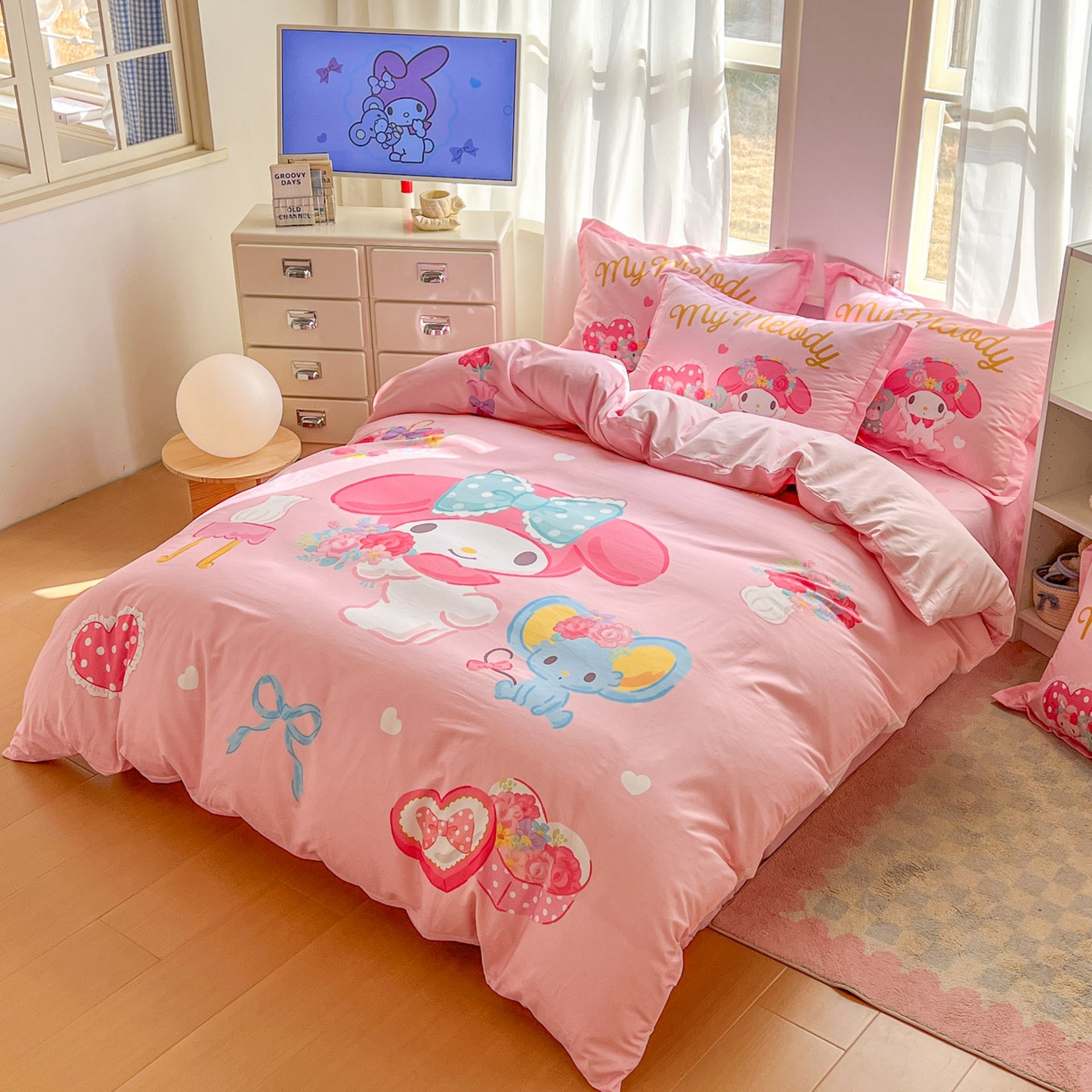 91家纺网 家纺一手货源 找家纺 浩诚 2026新款专版三丽鸥hellokitty库洛米正版授权大版全棉纯棉四件套 花花美乐蒂