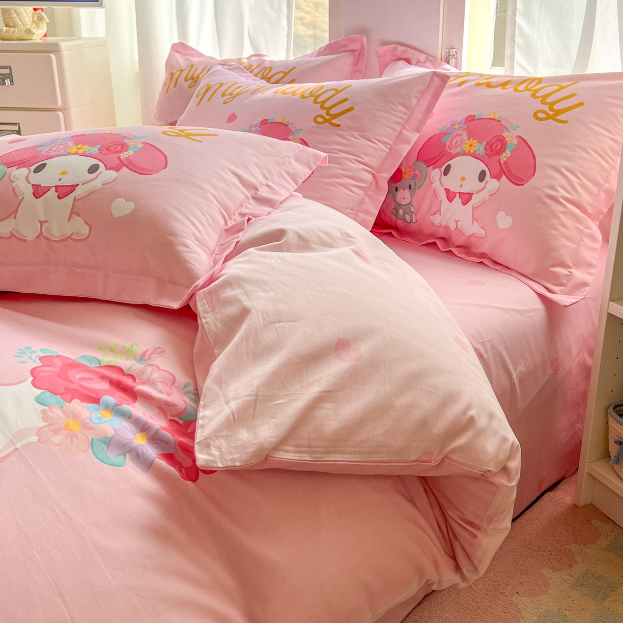 91家纺网 家纺一手货源 找家纺 浩诚 2026新款专版三丽鸥hellokitty库洛米正版授权大版全棉纯棉四件套 花花美乐蒂