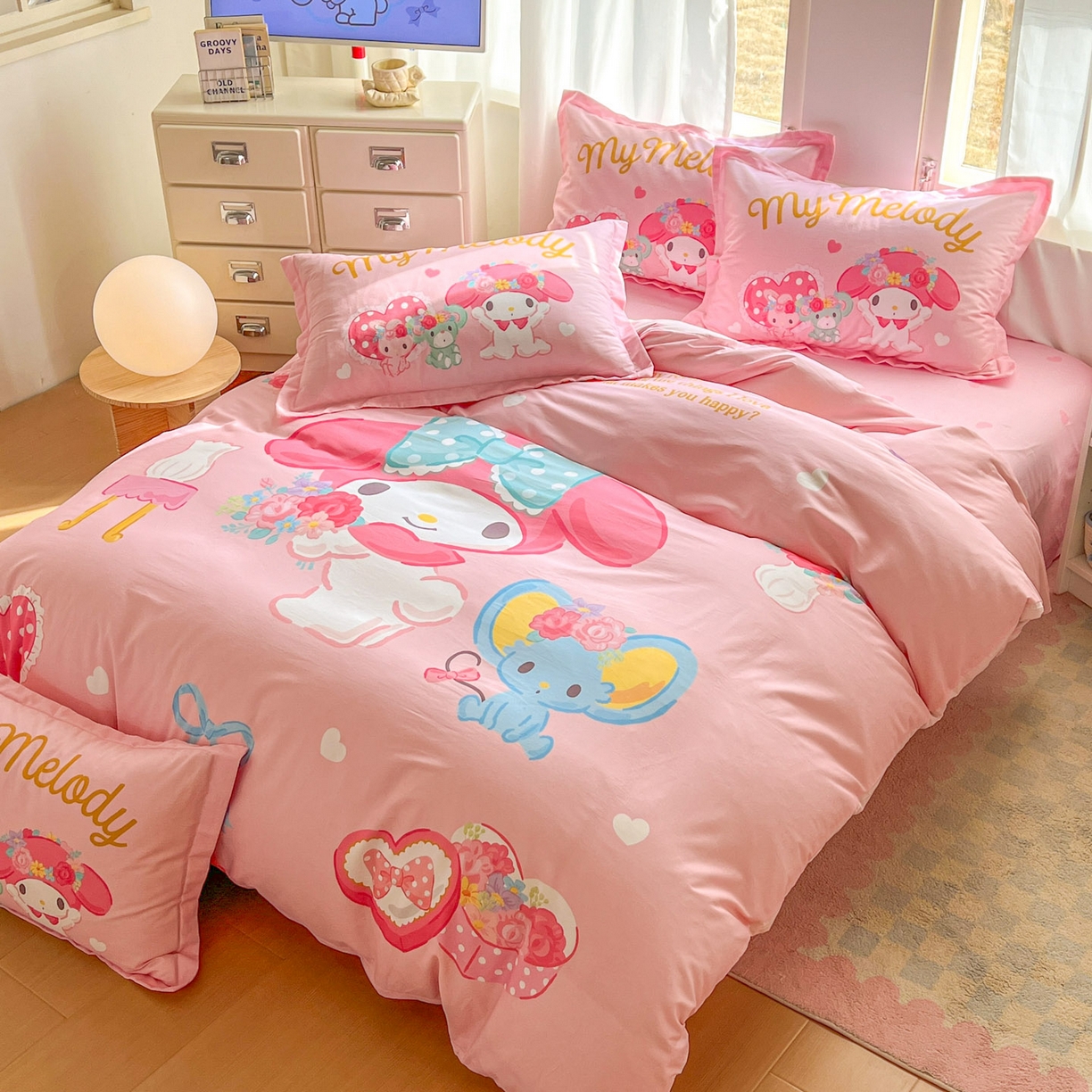 91家纺网 家纺一手货源 找家纺 浩诚 2026新款专版三丽鸥hellokitty库洛米正版授权大版全棉纯棉四件套 花花美乐蒂