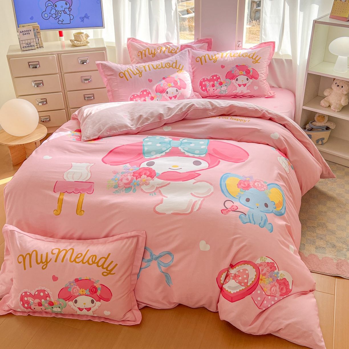 91家纺网 家纺一手货源 找家纺 浩诚 2026新款专版三丽鸥hellokitty库洛米正版授权大版全棉纯棉四件套 花花美乐蒂