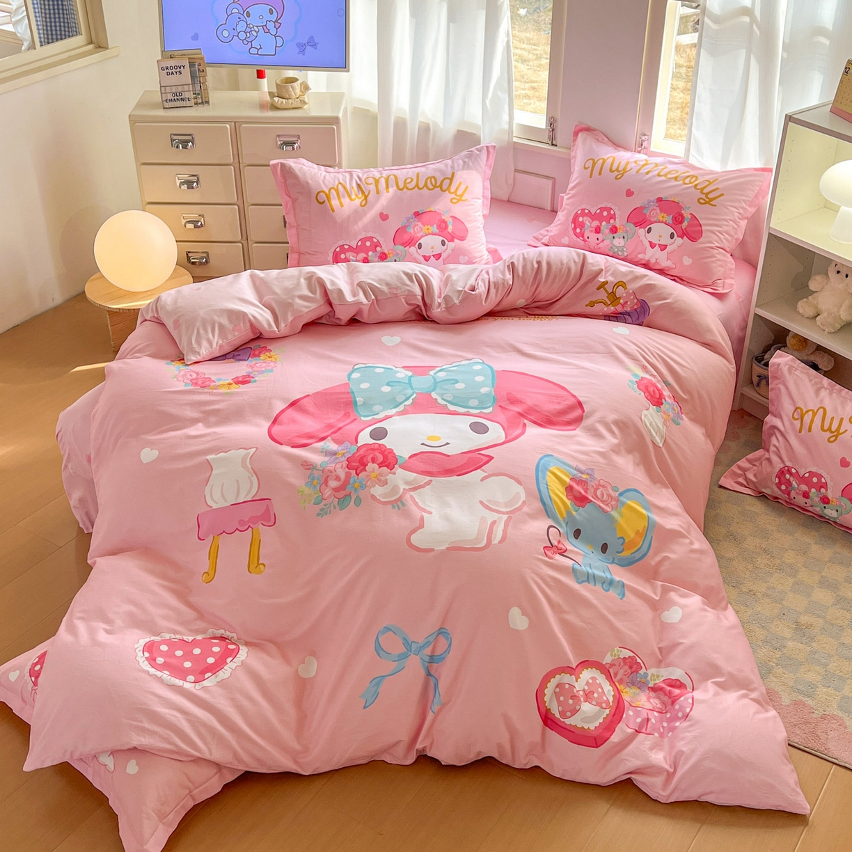 91家纺网 家纺一手货源 找家纺 浩诚 2026新款专版三丽鸥hellokitty库洛米正版授权大版全棉纯棉四件套 花花美乐蒂