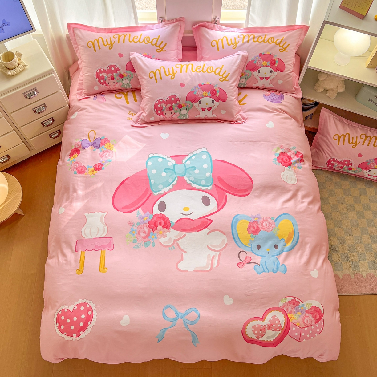 91家纺网 家纺一手货源 找家纺 浩诚 2026新款专版三丽鸥hellokitty库洛米正版授权大版全棉纯棉四件套 花花美乐蒂