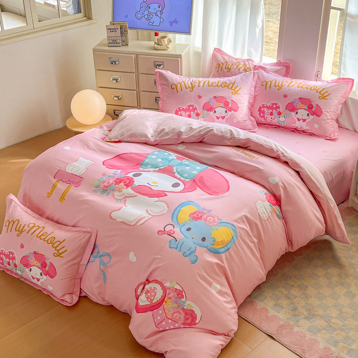 91家纺网 家纺一手货源 找家纺 浩诚 2026新款专版三丽鸥hellokitty库洛米正版授权大版全棉纯棉四件套 花花美乐蒂