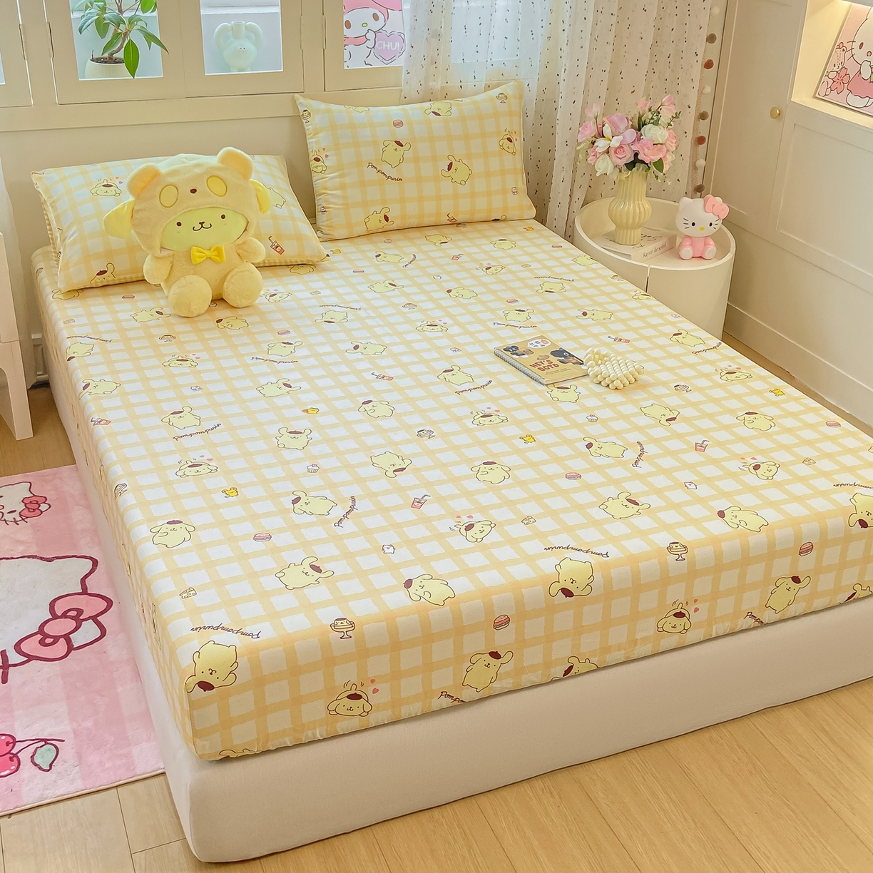 91家纺网 家纺一手货源 找家纺 博雅 2026新款三丽鸥全棉小版印花床笠 美食布丁狗