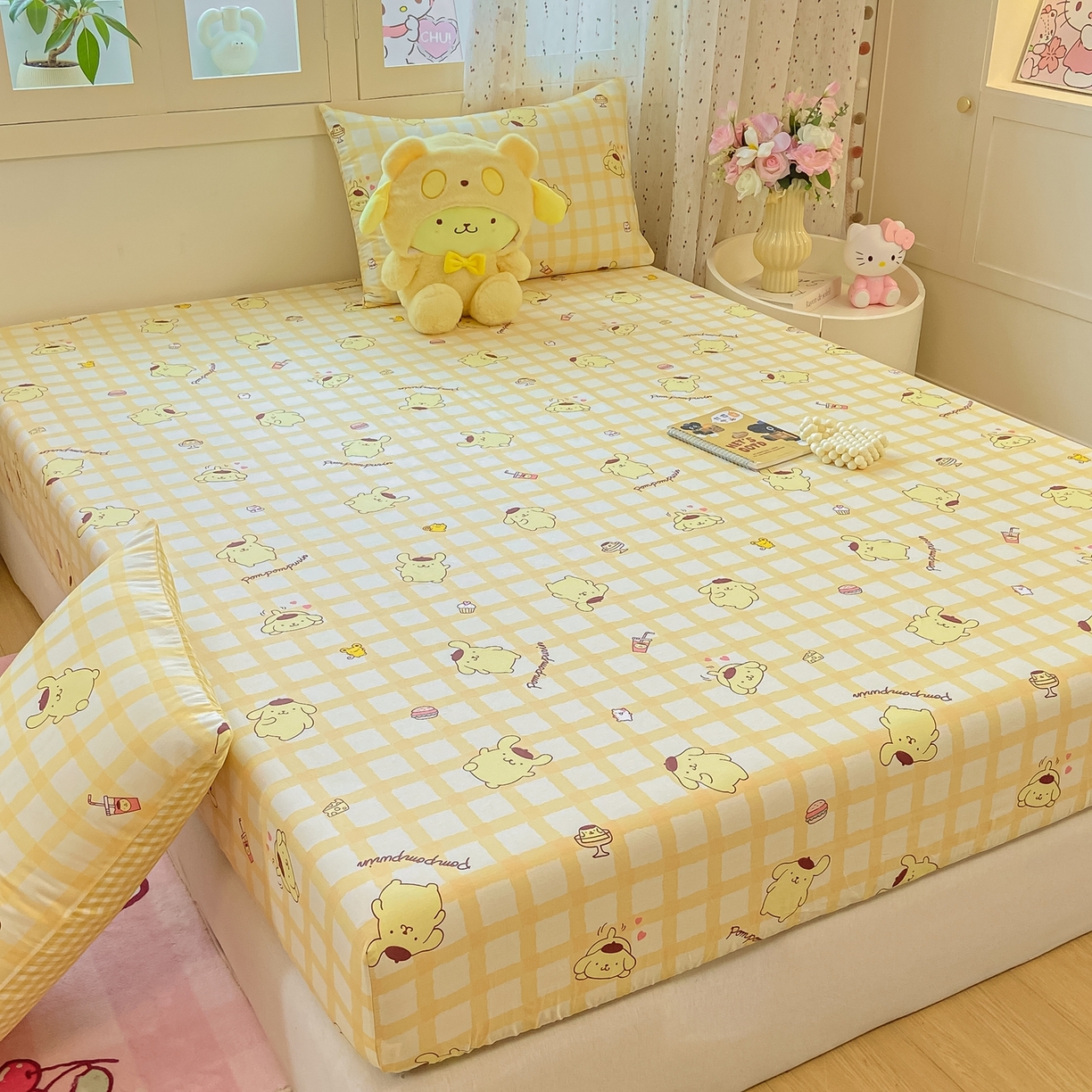 91家纺网 家纺一手货源 找家纺 博雅 2026新款三丽鸥全棉小版印花床笠 美食布丁狗