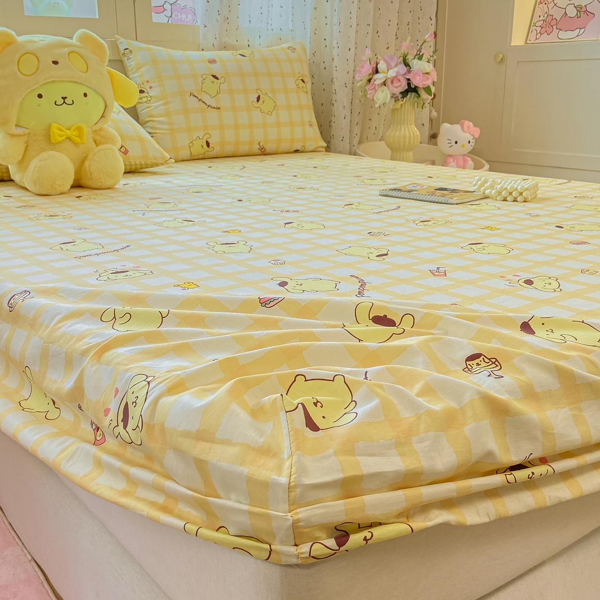 91家纺网 家纺一手货源 找家纺 博雅 2026新款三丽鸥全棉小版印花床笠 美食布丁狗