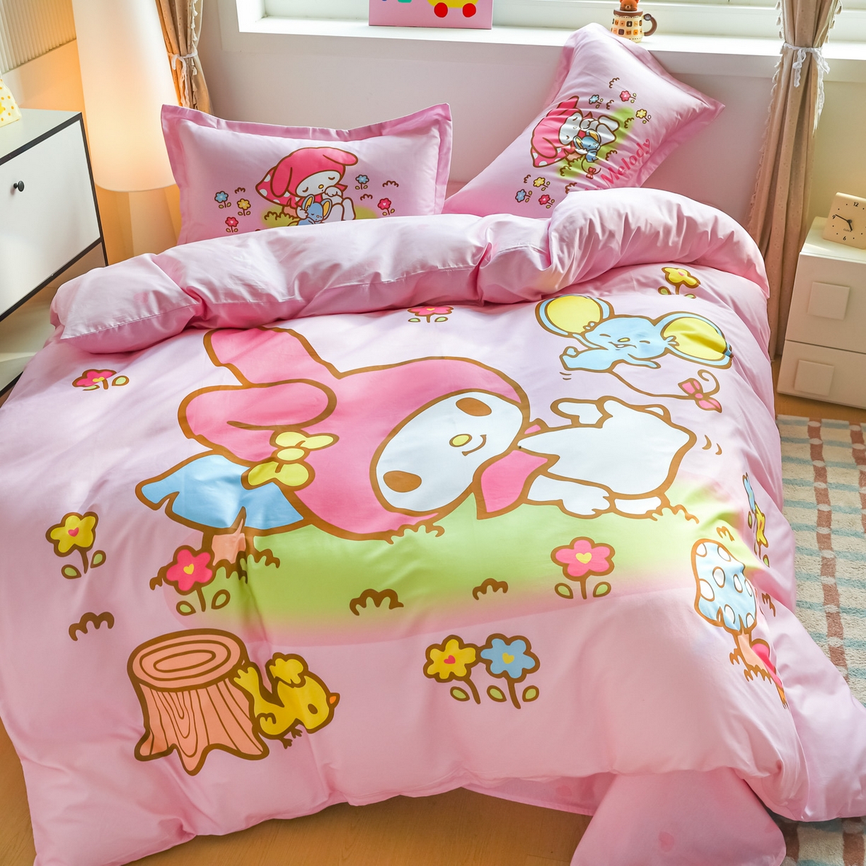 91家纺网 家纺一手货源 找家纺 浩诚 2026新款专版三丽鸥hellokitty库洛米正版授权大版全棉纯棉四件套 花园派对