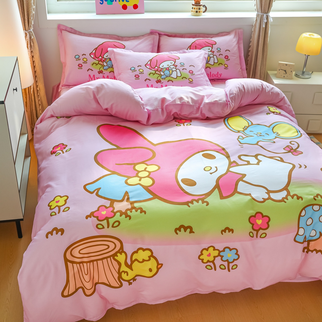 91家纺网 家纺一手货源 找家纺 浩诚 2026新款专版三丽鸥hellokitty库洛米正版授权大版全棉纯棉四件套 花园派对