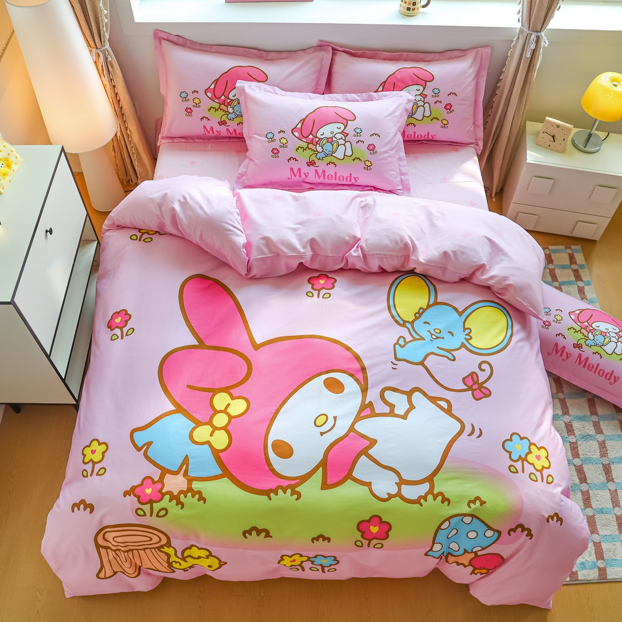 91家纺网 家纺一手货源 找家纺 浩诚 2026新款专版三丽鸥hellokitty库洛米正版授权大版全棉纯棉四件套 花园派对