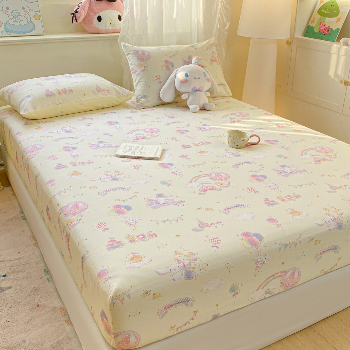 91家纺网 家纺一手货源 找家纺 博雅 2026新款三丽鸥全棉小版印花床笠 梦幻玉桂狗