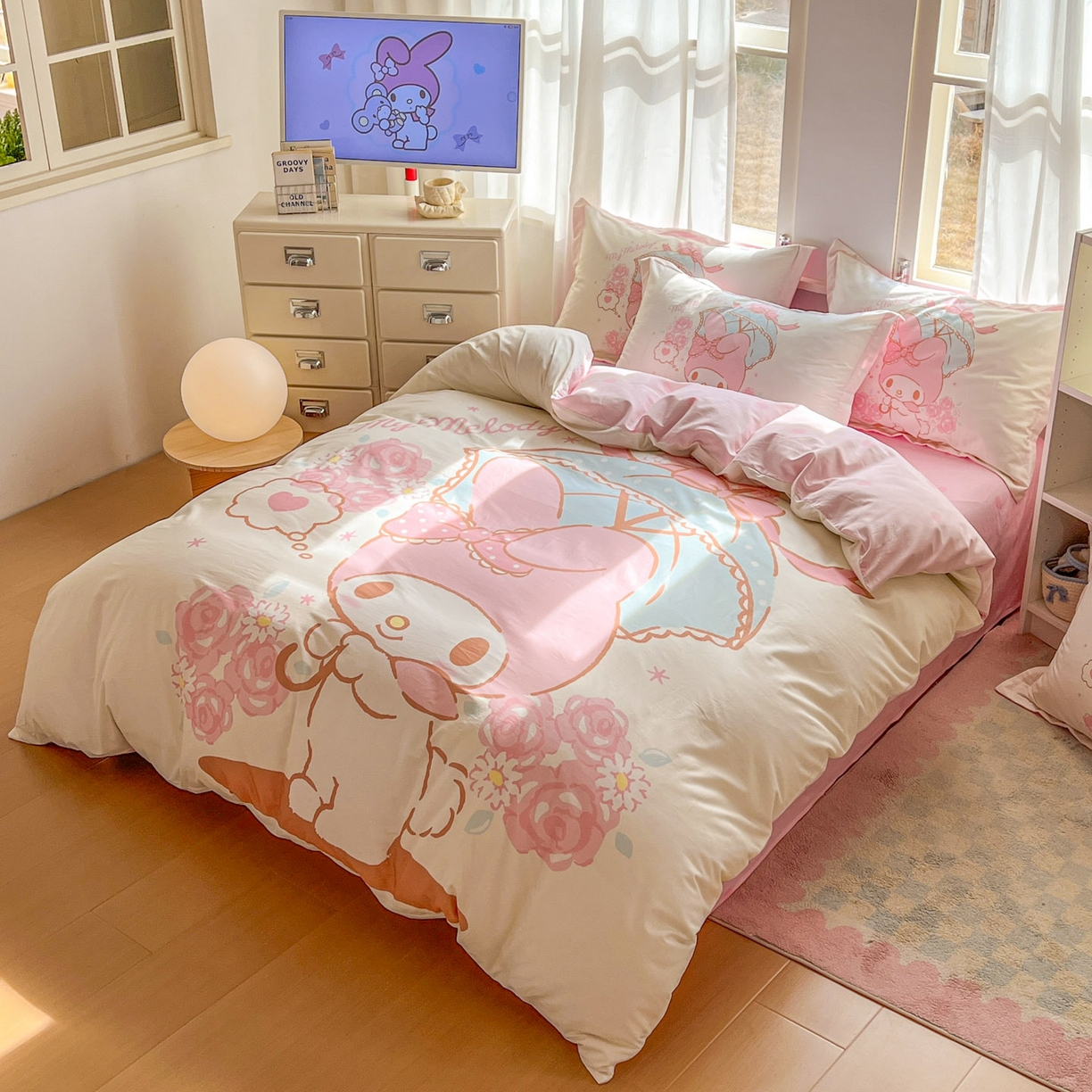 91家纺网 家纺一手货源 找家纺 浩诚 2026新款专版三丽鸥hellokitty库洛米正版授权大版全棉纯棉四件套 浪漫美乐蒂