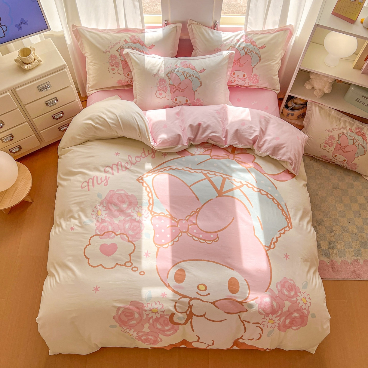 91家纺网 家纺一手货源 找家纺 浩诚 2026新款专版三丽鸥hellokitty库洛米正版授权大版全棉纯棉四件套 浪漫美乐蒂