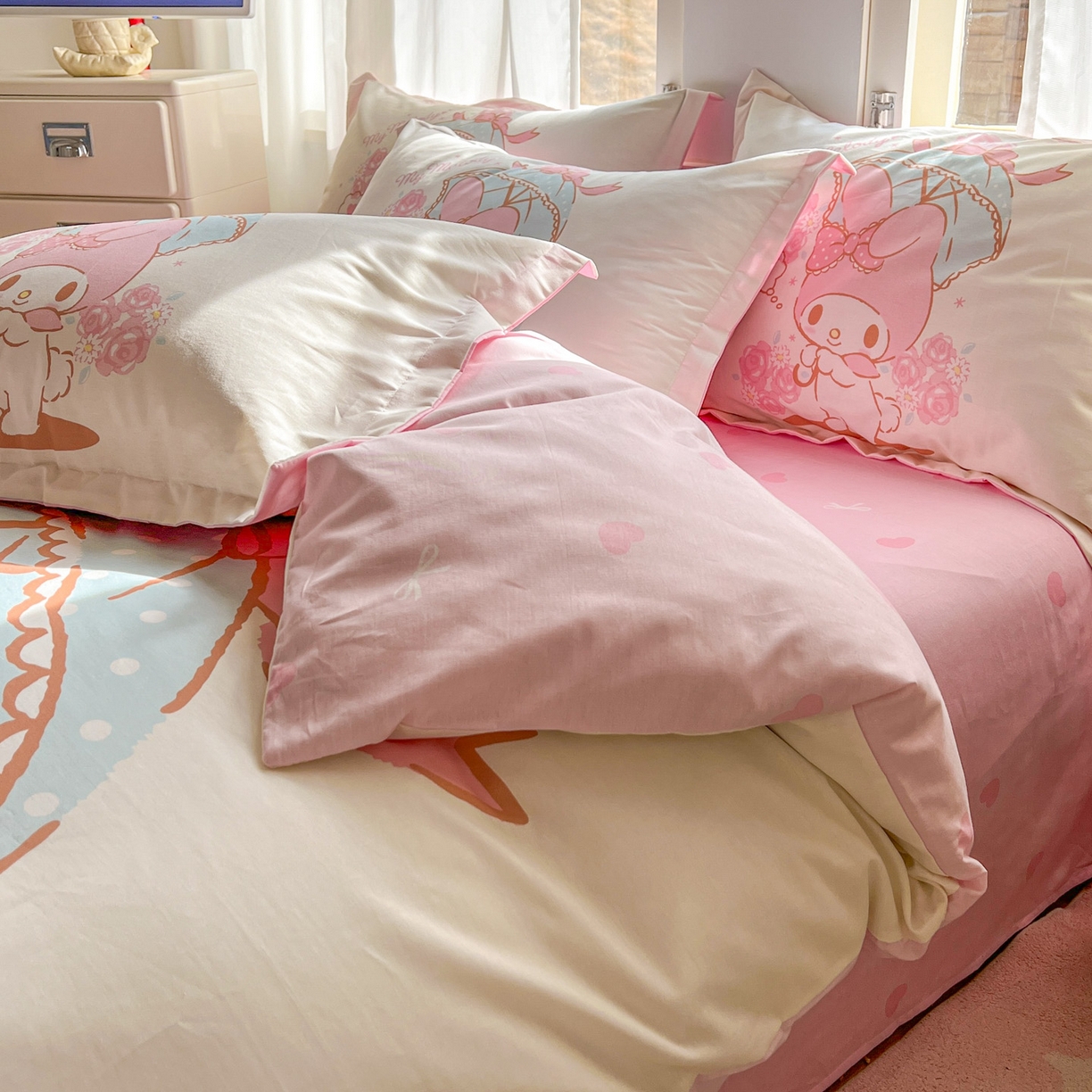 91家纺网 家纺一手货源 找家纺 浩诚 2026新款专版三丽鸥hellokitty库洛米正版授权大版全棉纯棉四件套 浪漫美乐蒂