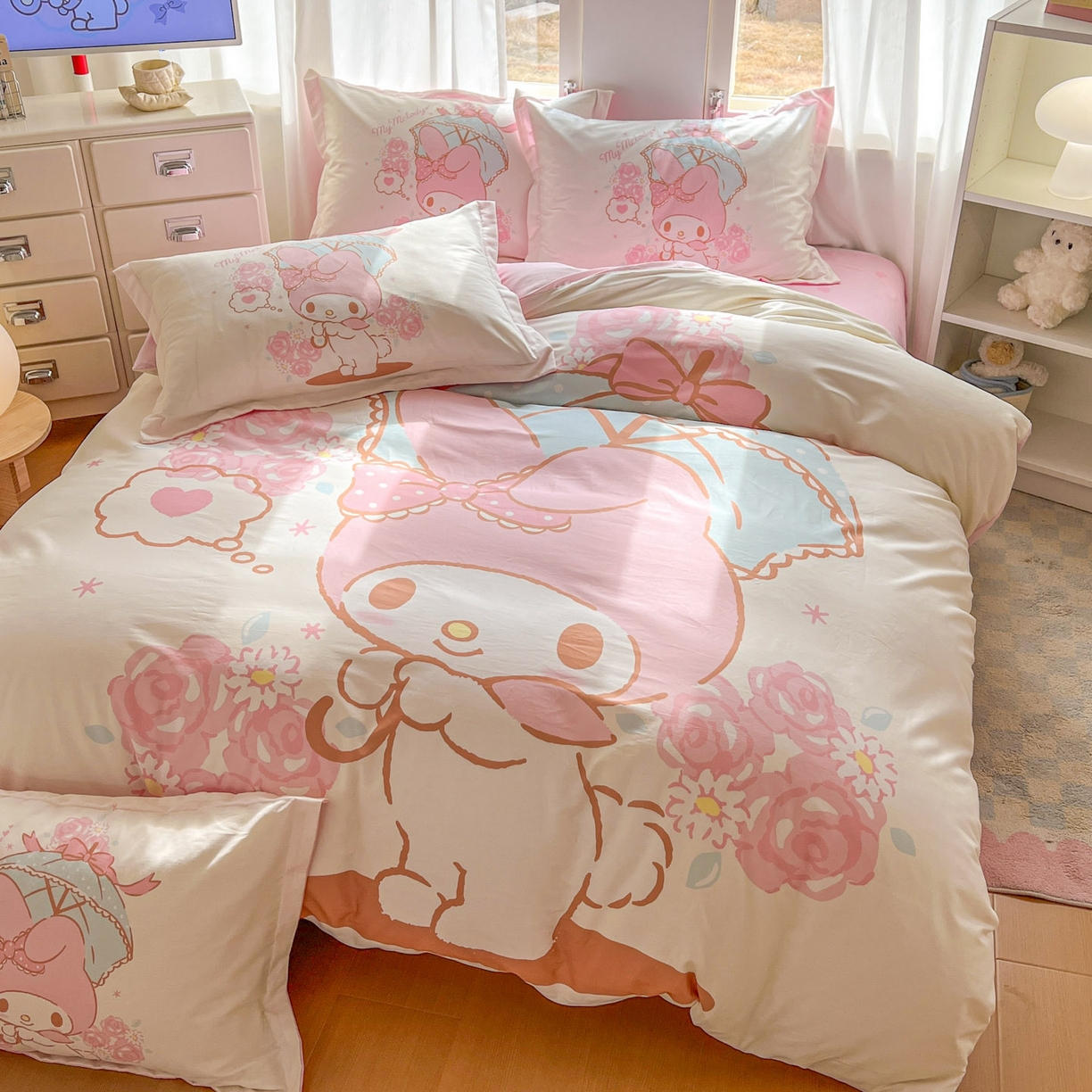 91家纺网 家纺一手货源 找家纺 浩诚 2026新款专版三丽鸥hellokitty库洛米正版授权大版全棉纯棉四件套 浪漫美乐蒂