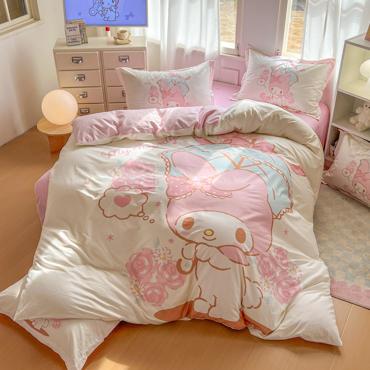 91家纺网 家纺一手货源 找家纺 浩诚 2026新款专版三丽鸥hellokitty库洛米正版授权大版全棉纯棉四件套 浪漫美乐蒂