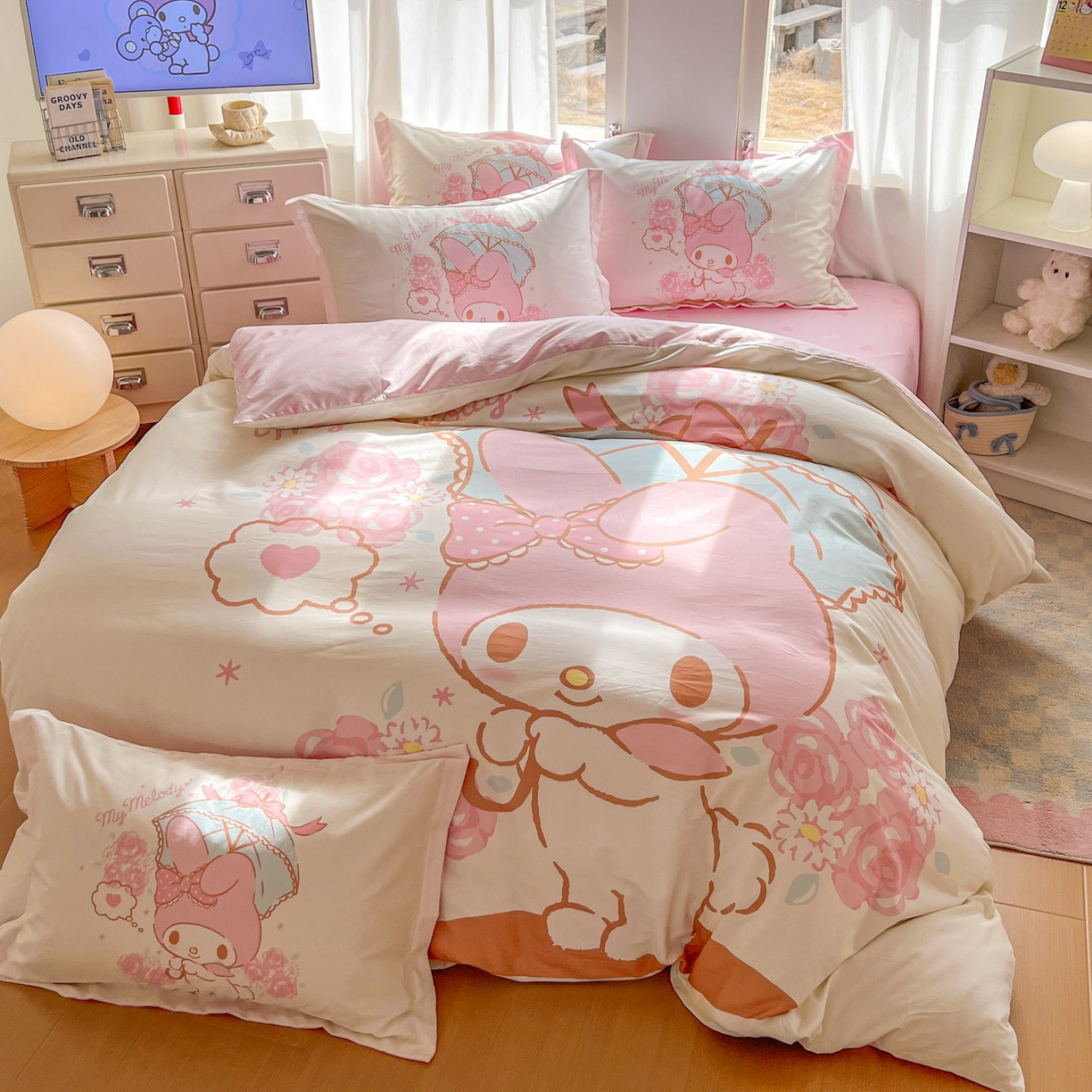 91家纺网 家纺一手货源 找家纺 浩诚 2026新款专版三丽鸥hellokitty库洛米正版授权大版全棉纯棉四件套 浪漫美乐蒂