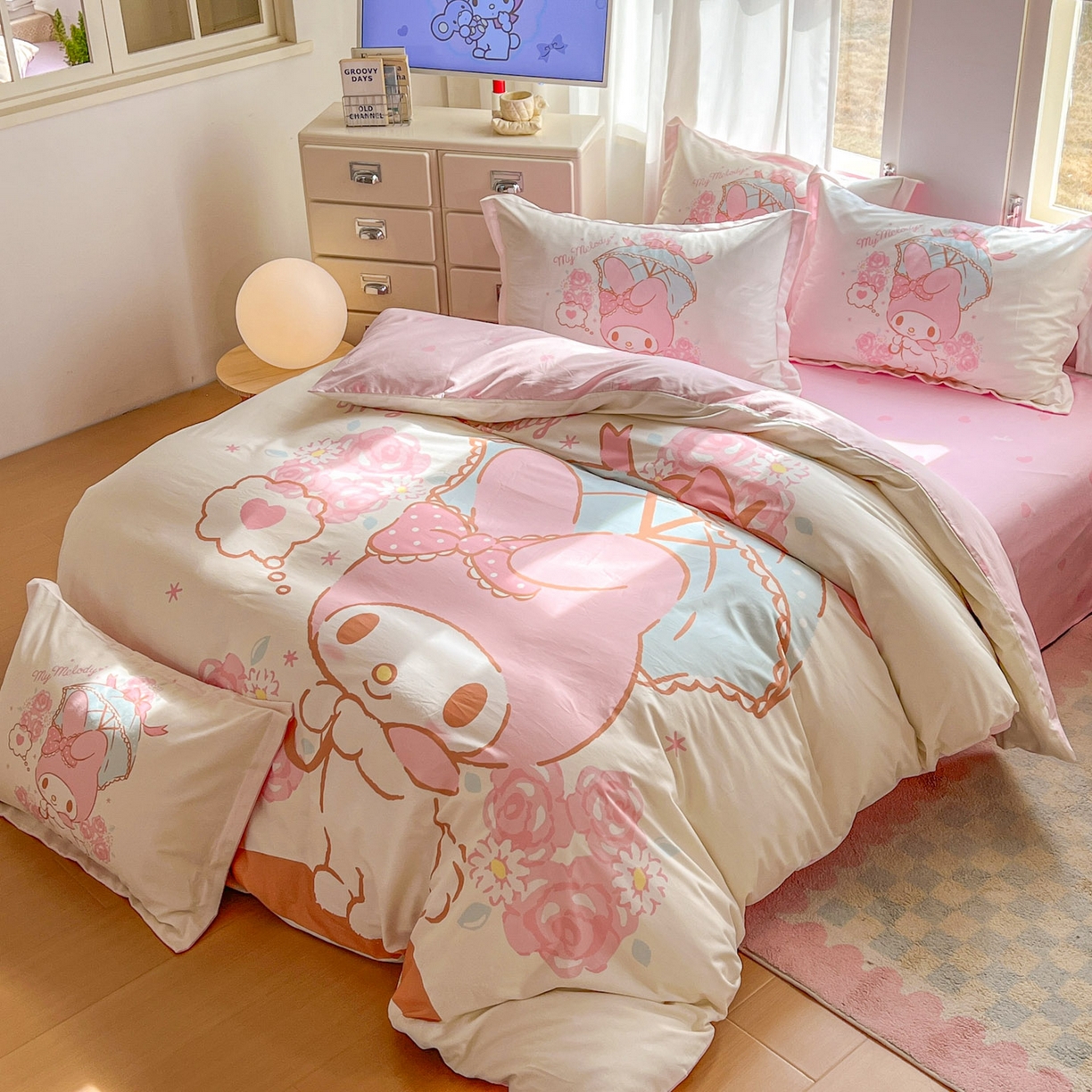 91家纺网 家纺一手货源 找家纺 浩诚 2026新款专版三丽鸥hellokitty库洛米正版授权大版全棉纯棉四件套 浪漫美乐蒂