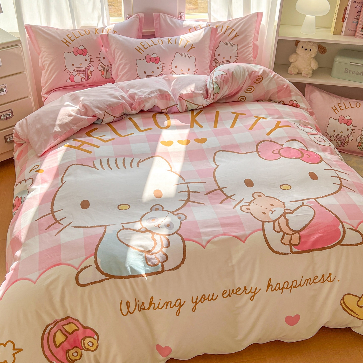 91家纺网 家纺一手货源 找家纺 浩诚 2026新款专版三丽鸥hellokitty库洛米正版授权大版全棉纯棉四件套 美美KT