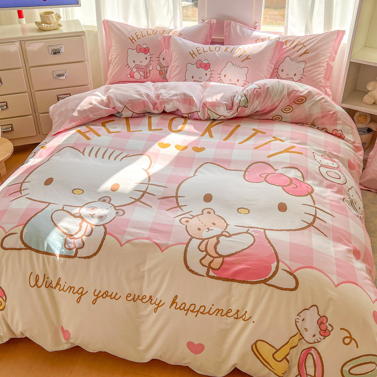 91家纺网 家纺一手货源 找家纺 浩诚 2026新款专版三丽鸥hellokitty库洛米正版授权大版全棉纯棉四件套 美美KT