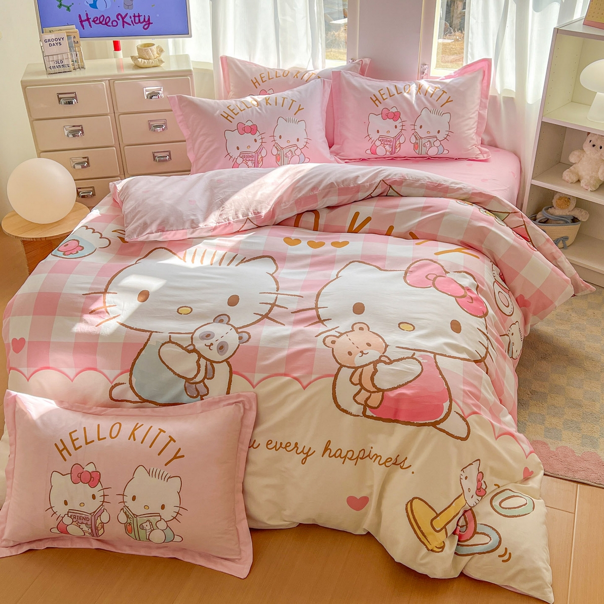 91家纺网 家纺一手货源 找家纺 浩诚 2026新款专版三丽鸥hellokitty库洛米正版授权大版全棉纯棉四件套 美美KT