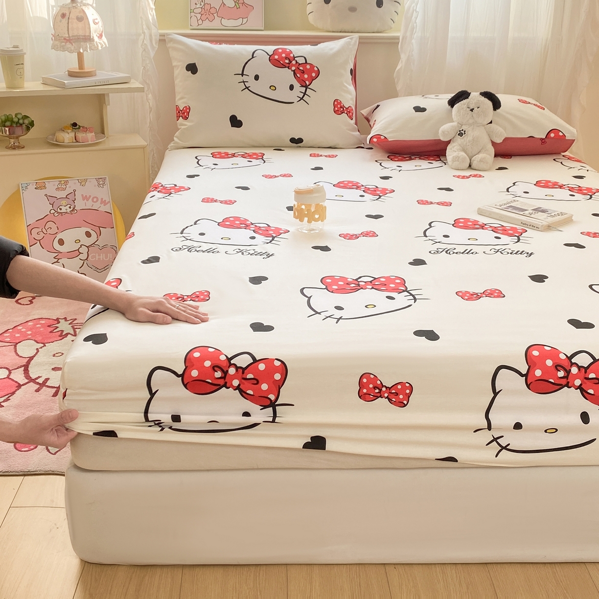 91家纺网 家纺一手货源 找家纺 博雅 2026新款三丽鸥全棉小版印花床笠 奶白kt