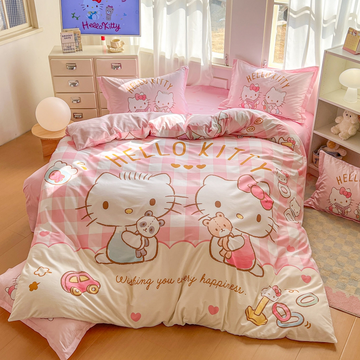 91家纺网 家纺一手货源 找家纺 浩诚 2026新款专版三丽鸥hellokitty库洛米正版授权大版全棉纯棉四件套 美美KT