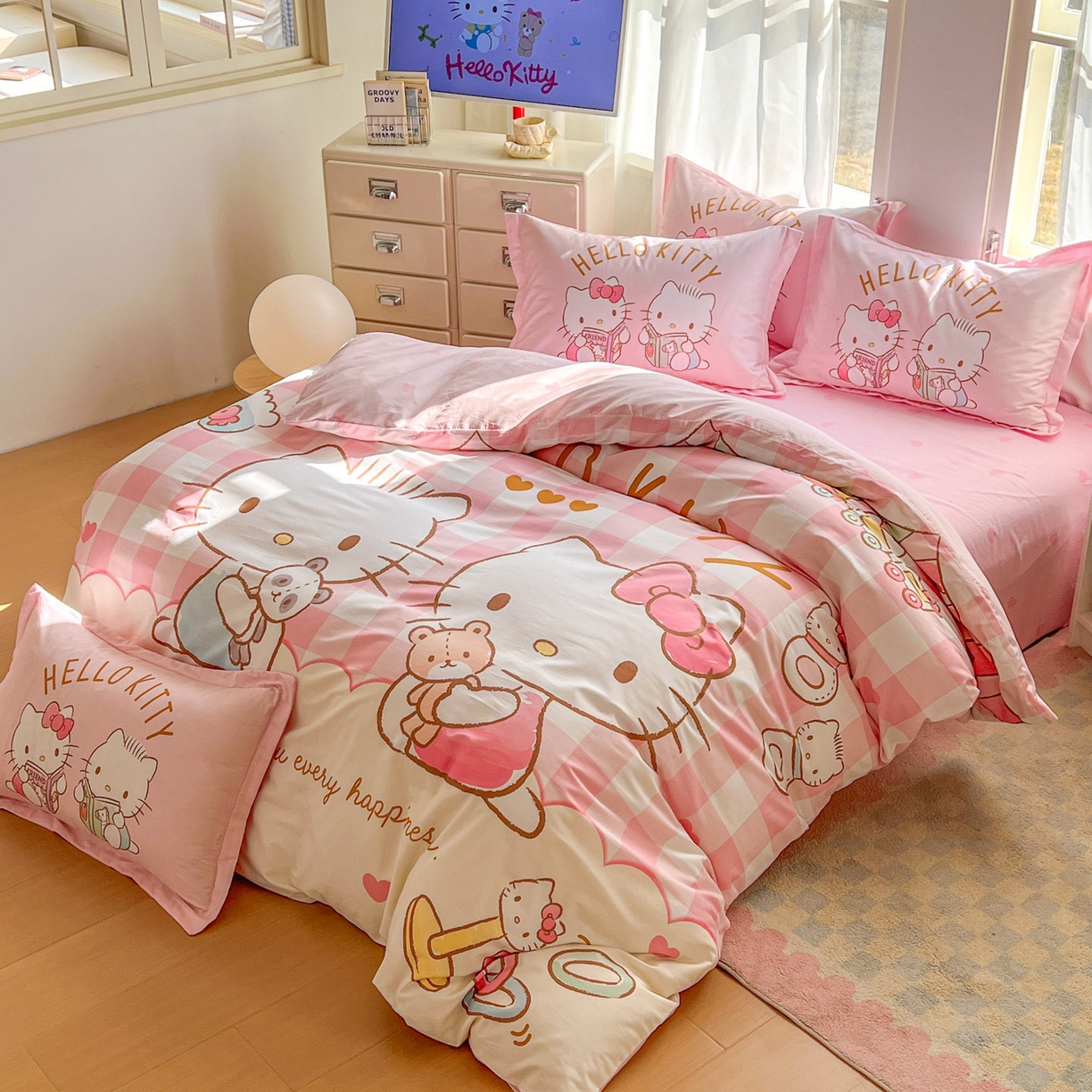 91家纺网 家纺一手货源 找家纺 浩诚 2026新款专版三丽鸥hellokitty库洛米正版授权大版全棉纯棉四件套 美美KT