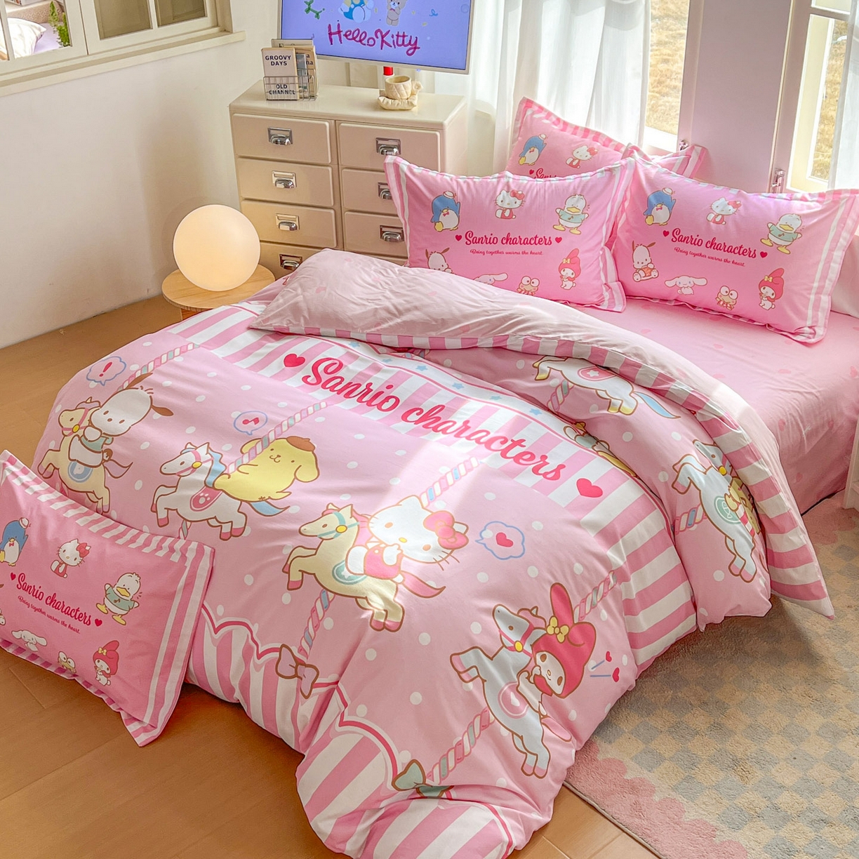 91家纺网 家纺一手货源 找家纺 浩诚 2026新款专版三丽鸥hellokitty库洛米正版授权大版全棉纯棉四件套 三丽鸥家族