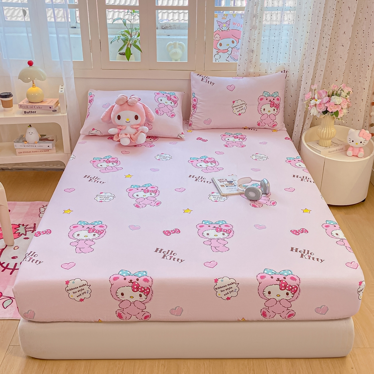 博雅 2026新款三丽鸥全棉小版印花床笠 腮红KT