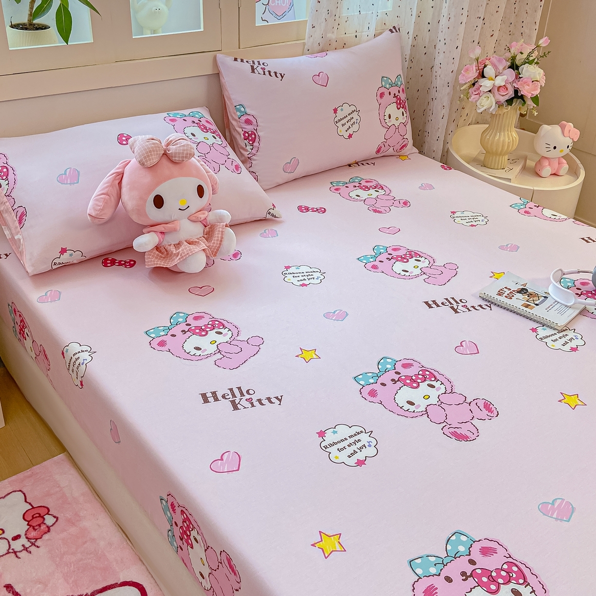 91家纺网 家纺一手货源 找家纺 博雅 2026新款三丽鸥全棉小版印花床笠 腮红KT