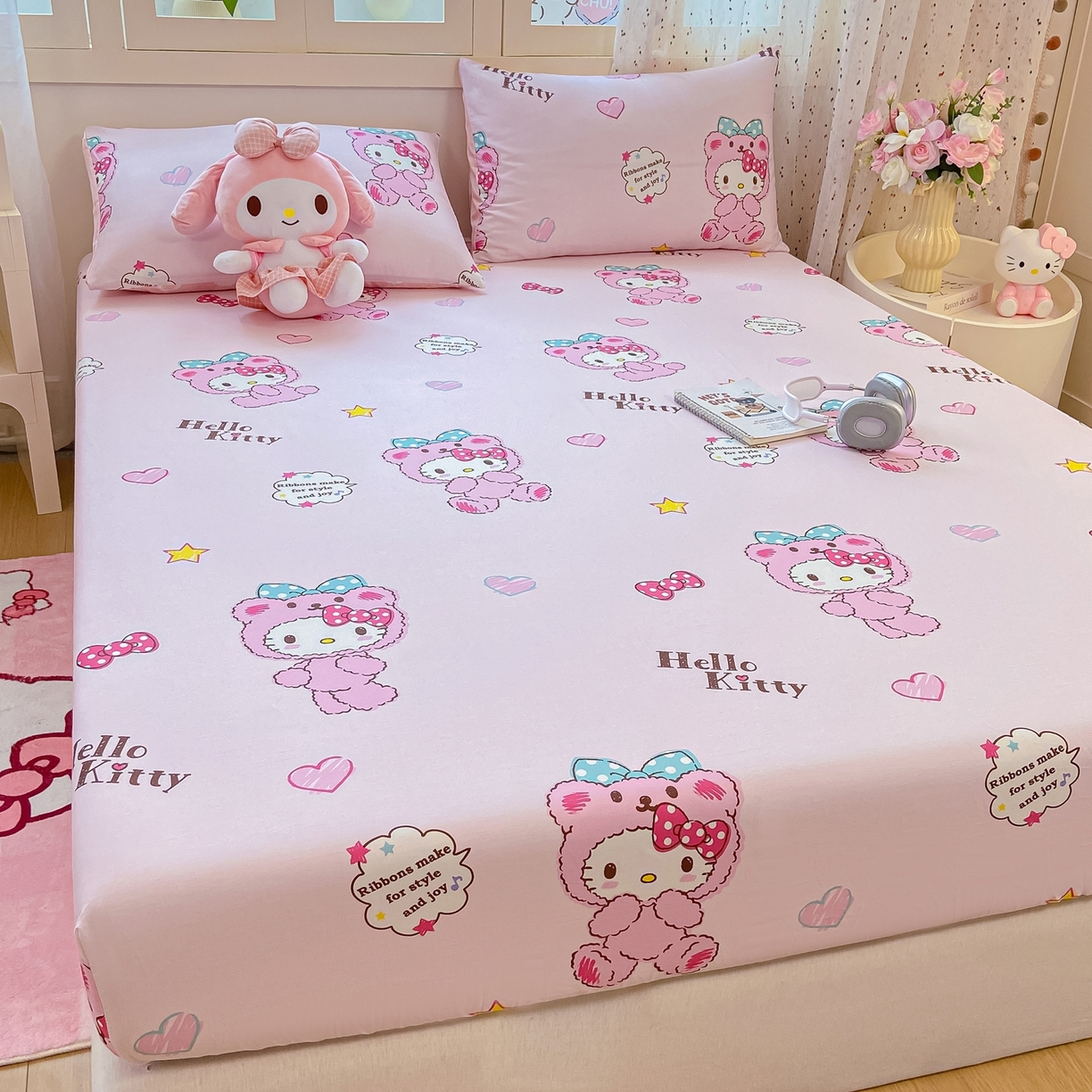 91家纺网 家纺一手货源 找家纺 博雅 2026新款三丽鸥全棉小版印花床笠 腮红KT