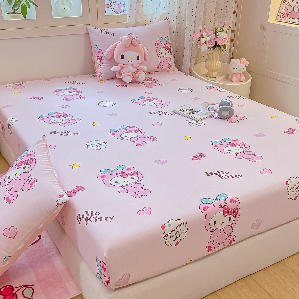 91家纺网 家纺一手货源 找家纺 博雅 2026新款三丽鸥全棉小版印花床笠 腮红KT