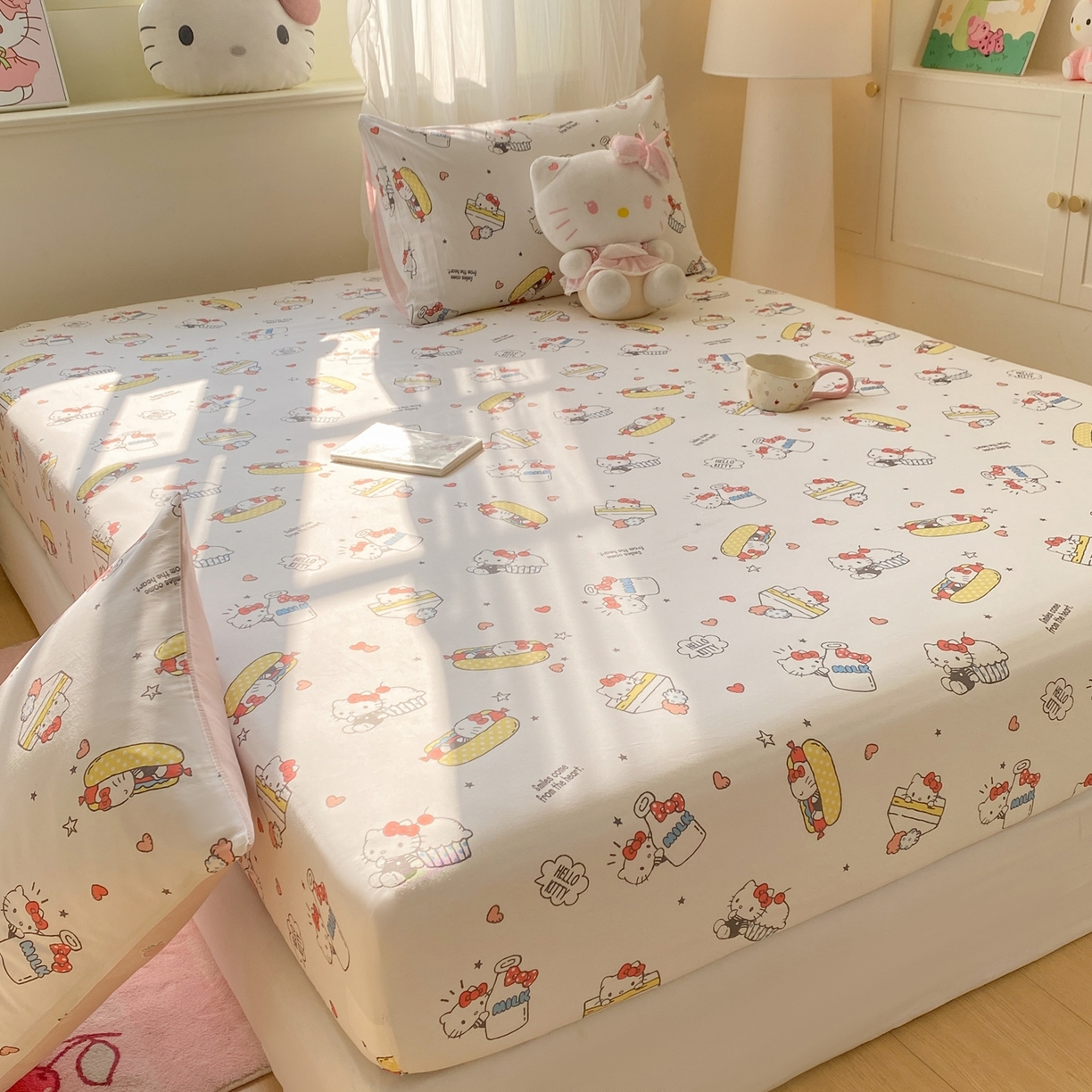 91家纺网 家纺一手货源 找家纺 博雅 2026新款三丽鸥全棉小版印花床笠 甜品kt