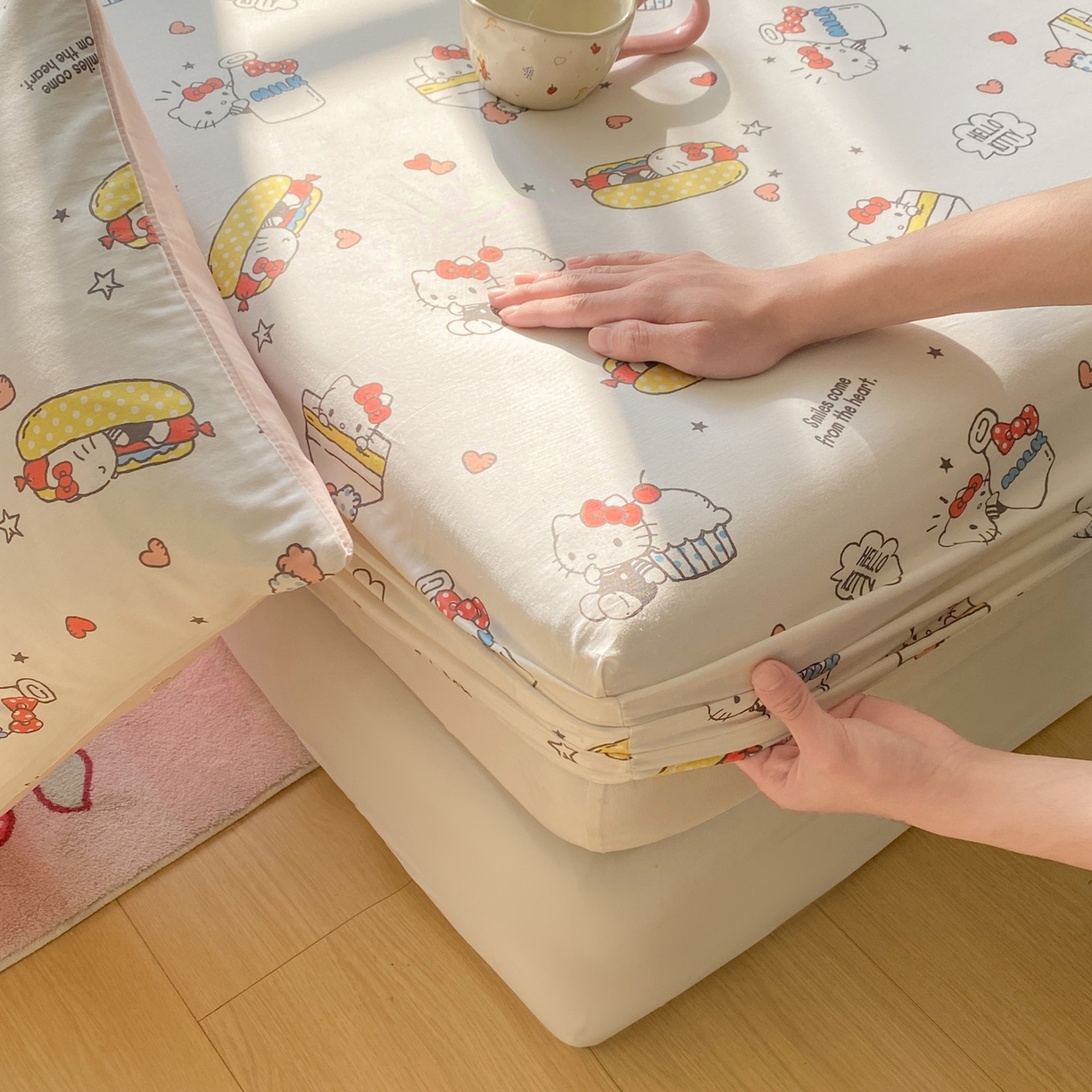 91家纺网 家纺一手货源 找家纺 博雅 2026新款三丽鸥全棉小版印花床笠 甜品kt