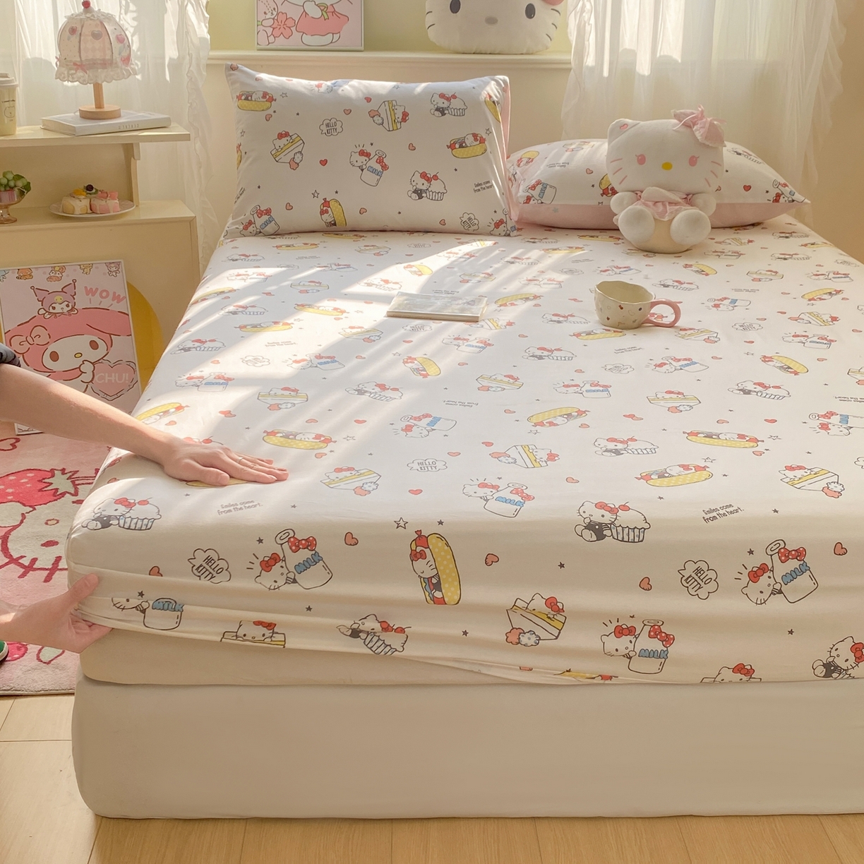 91家纺网 家纺一手货源 找家纺 博雅 2026新款三丽鸥全棉小版印花床笠 甜品kt