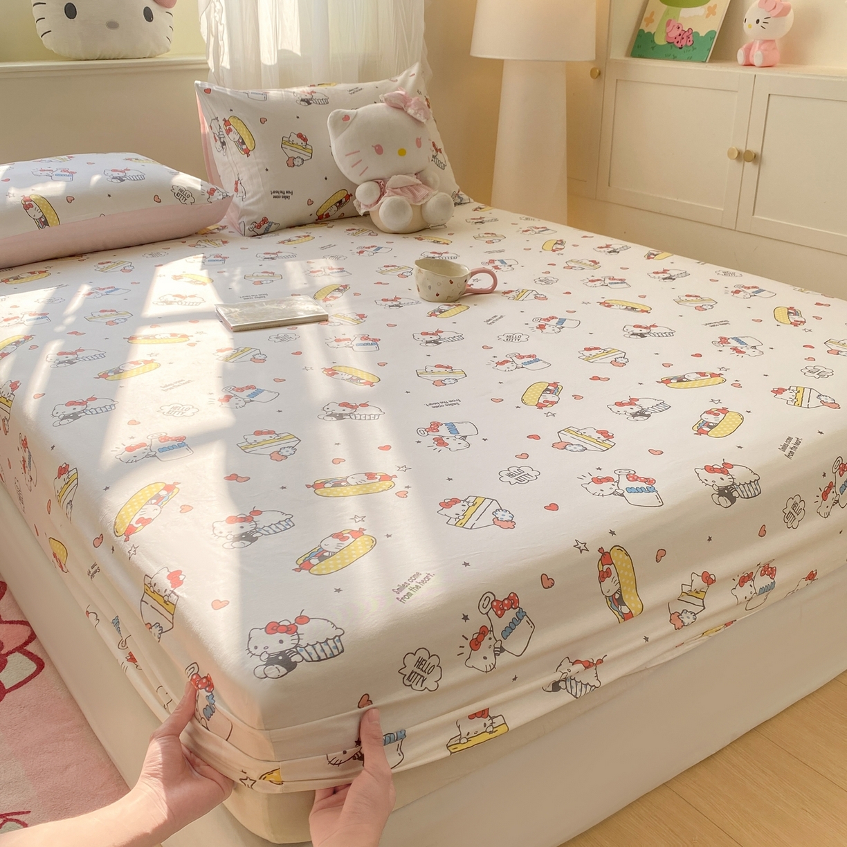 91家纺网 家纺一手货源 找家纺 博雅 2026新款三丽鸥全棉小版印花床笠 甜品kt