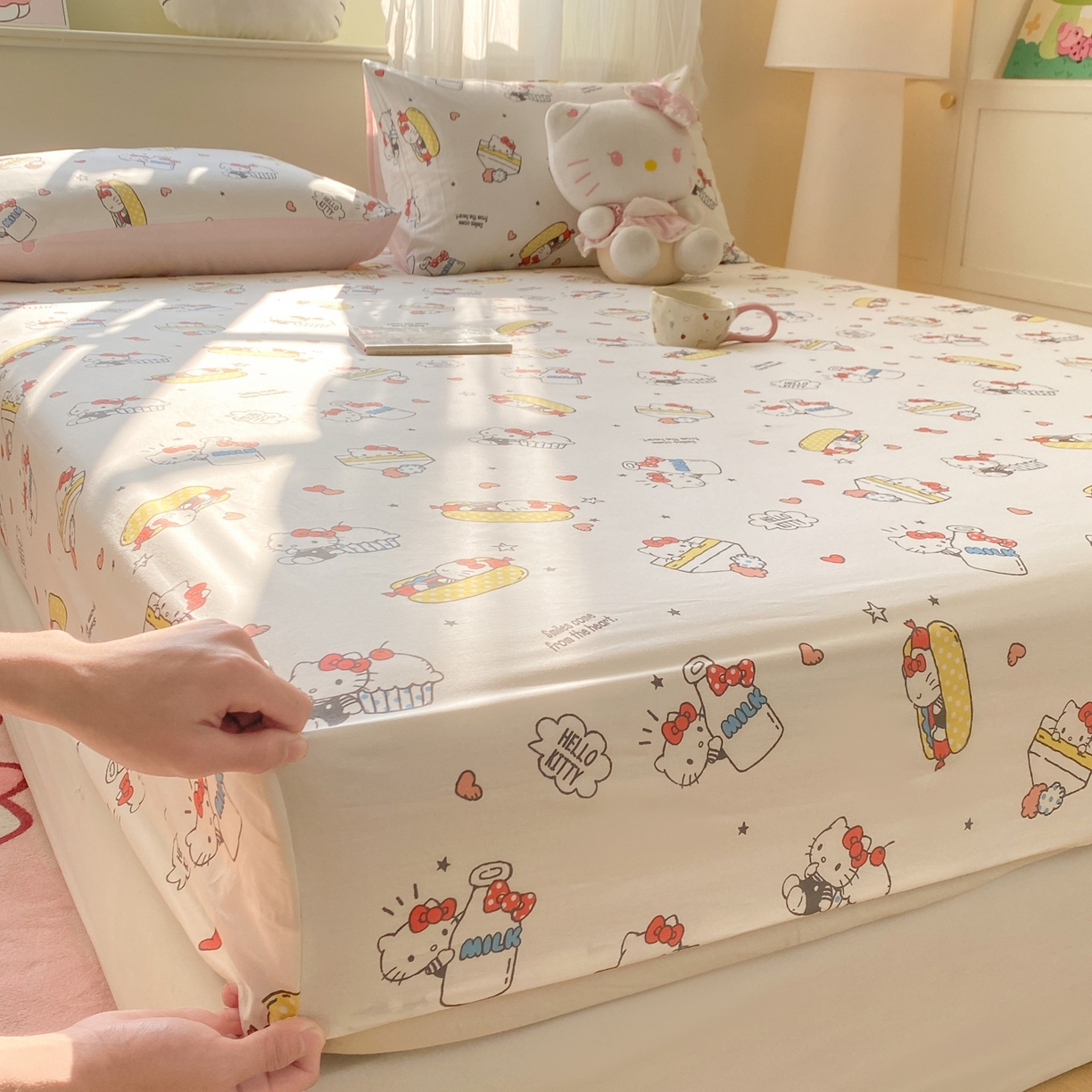 91家纺网 家纺一手货源 找家纺 博雅 2026新款三丽鸥全棉小版印花床笠 甜品kt