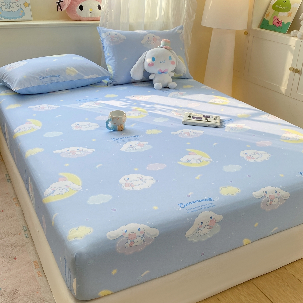 91家纺网 家纺一手货源 找家纺 博雅 2026新款三丽鸥全棉小版印花床笠 晚安玉桂狗