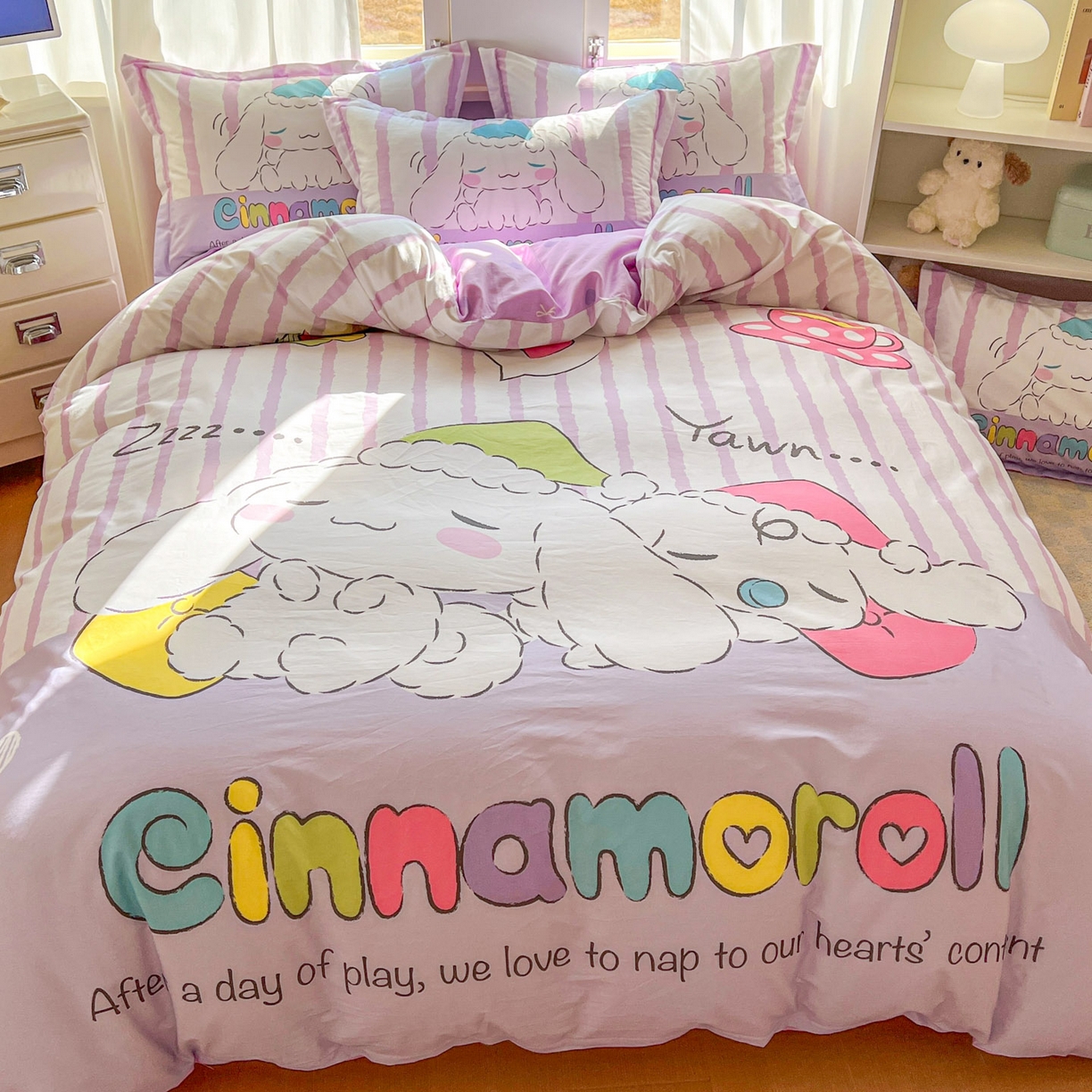 91家纺网 家纺一手货源 找家纺 浩诚 2026新款专版三丽鸥hellokitty库洛米正版授权大版全棉纯棉四件套 条纹玉桂狗